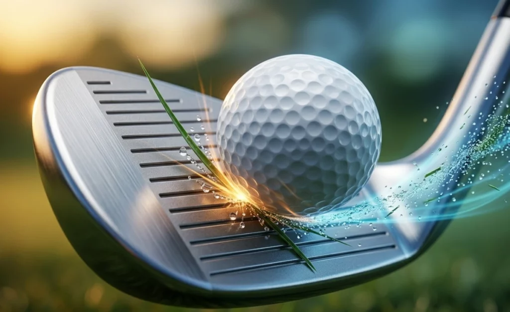 Primer plano del impacto de un wedge contra una bola de golf sobre hierba húmeda, destacando la expulsión de agua y partículas mediante el diseño de las estrías.