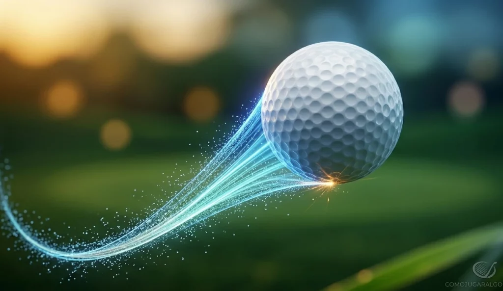 Bola de golf volando sobre un green con una estela de luz azul brillante que simboliza la rotación y el efecto Magnus.