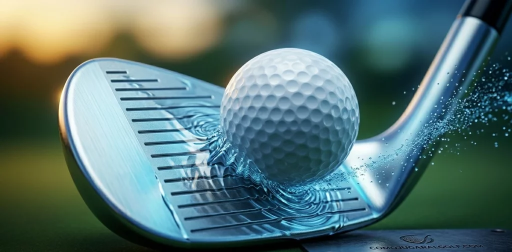 Primer plano del impacto de un wedge contra una bola de golf cubiertos por una capa de agua, con ondas y salpicaduras que ilustran la pérdida de agarre por humedad.