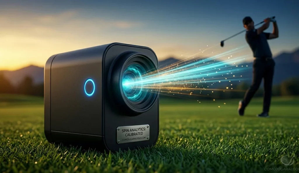 Dispositivo de radar de golf negro mate en primer plano emitiendo un haz de luz cian y dorado hacia un golfista desenfocado al fondo que completa su swing.